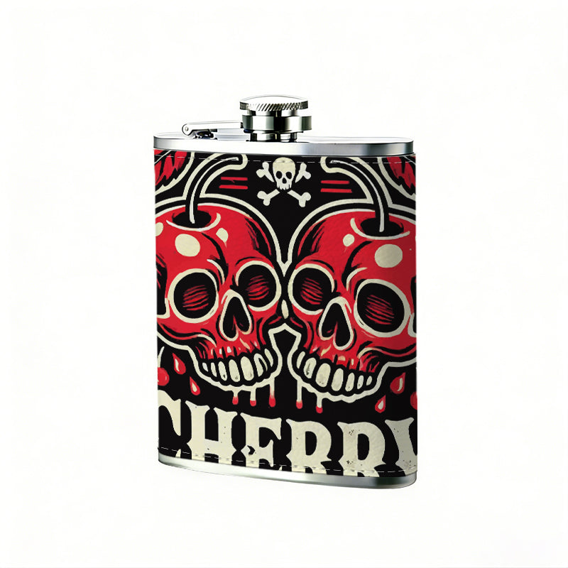 Two cherry skulls with text Stainless Steel Mini Flask - Design for Valentine's Day, Christmas, Father's Day Gifts - Ideal for Him, Dad, Boyfriend (Compact Travel-Ready)