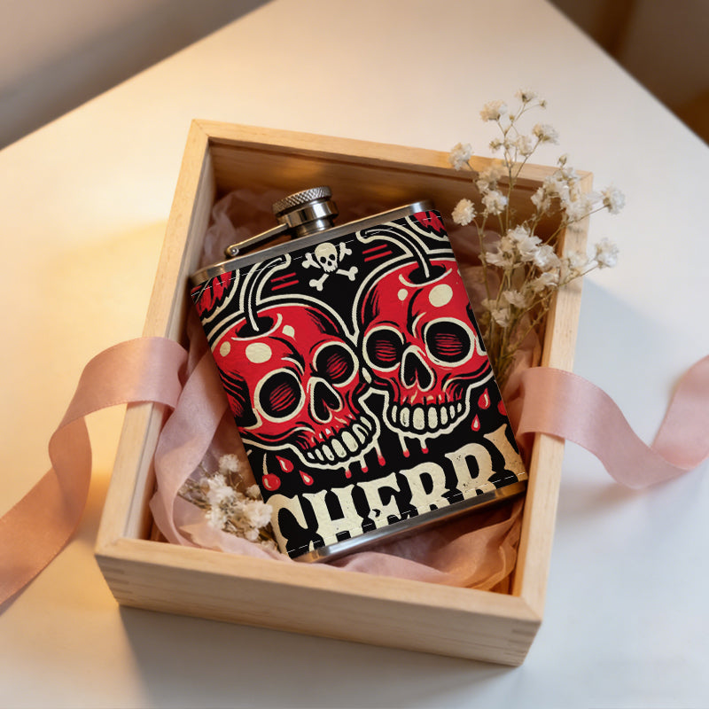 Two cherry skulls with text Stainless Steel Mini Flask - Design for Valentine's Day, Christmas, Father's Day Gifts - Ideal for Him, Dad, Boyfriend (Compact Travel-Ready)