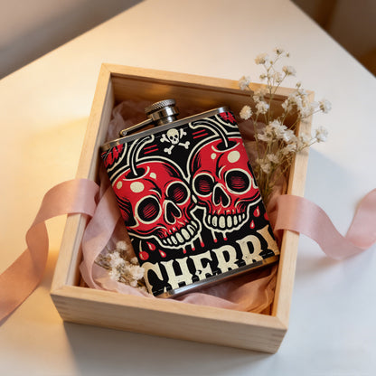 Two cherry skulls with text Stainless Steel Mini Flask - Design for Valentine's Day, Christmas, Father's Day Gifts - Ideal for Him, Dad, Boyfriend (Compact Travel-Ready)