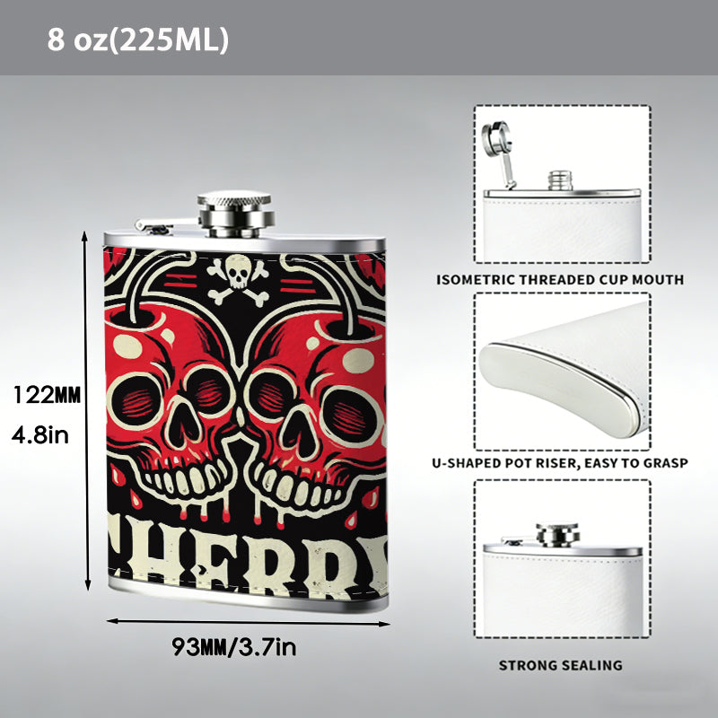 Two cherry skulls with text Stainless Steel Mini Flask - Design for Valentine's Day, Christmas, Father's Day Gifts - Ideal for Him, Dad, Boyfriend (Compact Travel-Ready)