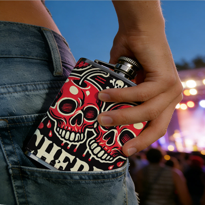 Two cherry skulls with text Stainless Steel Mini Flask - Design for Valentine's Day, Christmas, Father's Day Gifts - Ideal for Him, Dad, Boyfriend (Compact Travel-Ready)