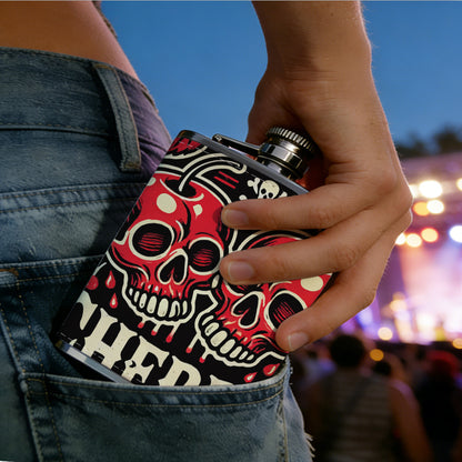 Two cherry skulls with text Stainless Steel Mini Flask - Design for Valentine's Day, Christmas, Father's Day Gifts - Ideal for Him, Dad, Boyfriend (Compact Travel-Ready)