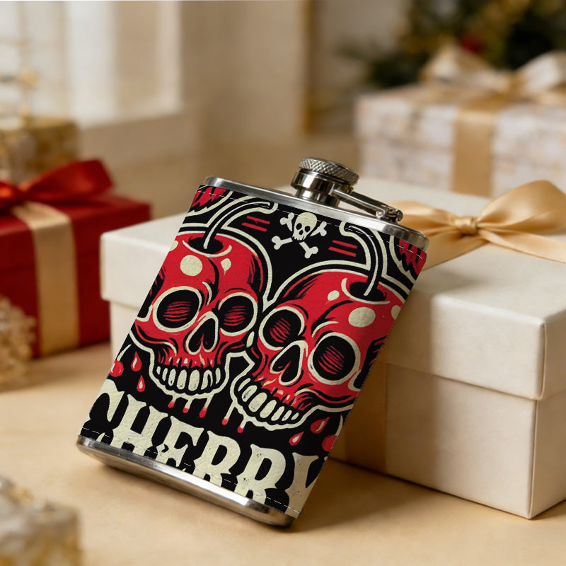 Two cherry skulls with text Stainless Steel Mini Flask - Design for Valentine's Day, Christmas, Father's Day Gifts - Ideal for Him, Dad, Boyfriend (Compact Travel-Ready)