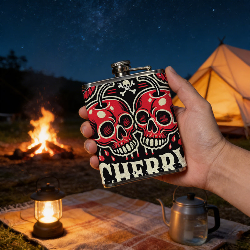 Two cherry skulls with text Stainless Steel Mini Flask - Design for Valentine's Day, Christmas, Father's Day Gifts - Ideal for Him, Dad, Boyfriend (Compact Travel-Ready)