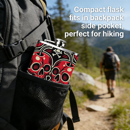 Two cherry skulls with text Stainless Steel Mini Flask - Design for Valentine's Day, Christmas, Father's Day Gifts - Ideal for Him, Dad, Boyfriend (Compact Travel-Ready)