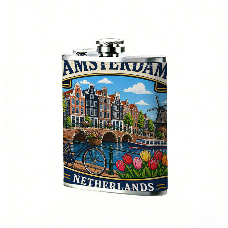 Amsterdam Netherlands scenic souvenir sticker Stainless Steel Mini Flask - Design for Valentine's Day, Christmas, Father's Day Gifts - Ideal for Him, Dad, Boyfriend (Compact Travel-Ready)