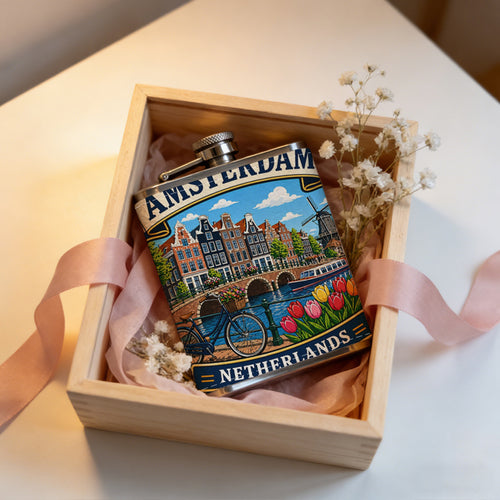 Amsterdam Netherlands scenic souvenir sticker Stainless Steel Mini Flask - Design for Valentine's Day, Christmas, Father's Day Gifts - Ideal for Him, Dad, Boyfriend (Compact Travel-Ready)