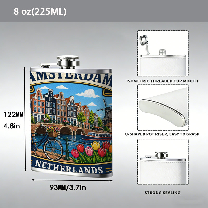 Amsterdam Netherlands scenic souvenir sticker Stainless Steel Mini Flask - Design for Valentine's Day, Christmas, Father's Day Gifts - Ideal for Him, Dad, Boyfriend (Compact Travel-Ready)