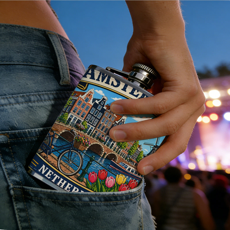 Amsterdam Netherlands scenic souvenir sticker Stainless Steel Mini Flask - Design for Valentine's Day, Christmas, Father's Day Gifts - Ideal for Him, Dad, Boyfriend (Compact Travel-Ready)