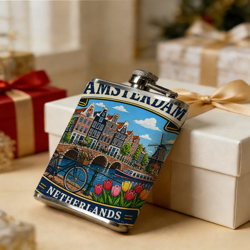 Amsterdam Netherlands scenic souvenir sticker Stainless Steel Mini Flask - Design for Valentine's Day, Christmas, Father's Day Gifts - Ideal for Him, Dad, Boyfriend (Compact Travel-Ready)