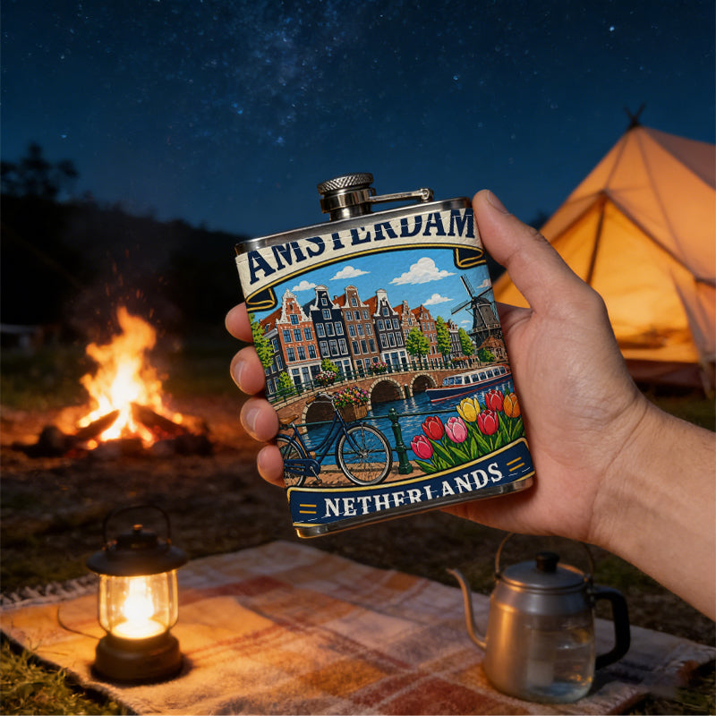 Amsterdam Netherlands scenic souvenir sticker Stainless Steel Mini Flask - Design for Valentine's Day, Christmas, Father's Day Gifts - Ideal for Him, Dad, Boyfriend (Compact Travel-Ready)