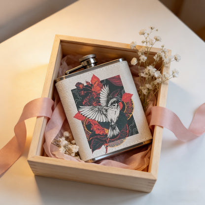Owl and red roses artwork Stainless Steel Mini Flask - Design for Valentine's Day, Christmas, Father's Day Gifts - Ideal for Him, Dad, Boyfriend (Compact Travel-Ready)