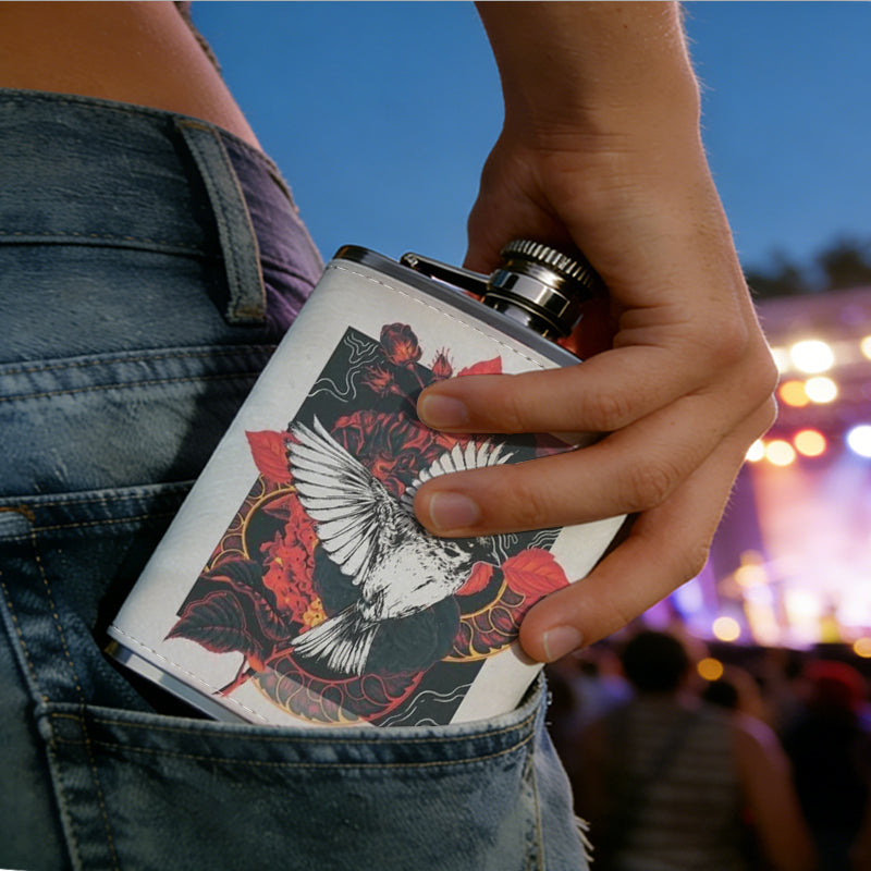 Owl and red roses artwork Stainless Steel Mini Flask - Design for Valentine's Day, Christmas, Father's Day Gifts - Ideal for Him, Dad, Boyfriend (Compact Travel-Ready)