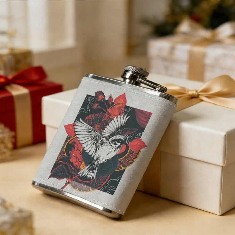 Owl and red roses artwork Stainless Steel Mini Flask - Design for Valentine's Day, Christmas, Father's Day Gifts - Ideal for Him, Dad, Boyfriend (Compact Travel-Ready)
