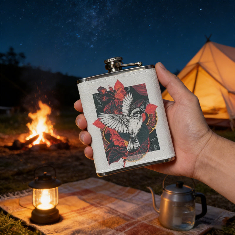 Owl and red roses artwork Stainless Steel Mini Flask - Design for Valentine's Day, Christmas, Father's Day Gifts - Ideal for Him, Dad, Boyfriend (Compact Travel-Ready)