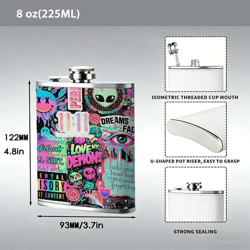 Y2K retro collage with alien and smiley Stainless Steel Mini Flask - Design for Valentine's Day, Christmas, Father's Day Gifts - Ideal for Him, Dad, Boyfriend (Compact Travel-Ready)