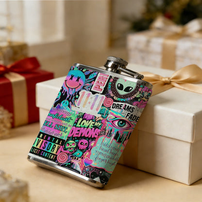 Y2K retro collage with alien and smiley Stainless Steel Mini Flask - Design for Valentine's Day, Christmas, Father's Day Gifts - Ideal for Him, Dad, Boyfriend (Compact Travel-Ready)