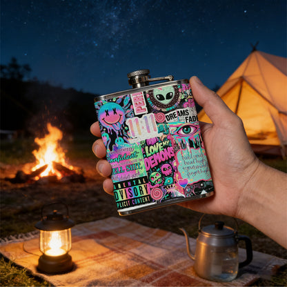 Y2K retro collage with alien and smiley Stainless Steel Mini Flask - Design for Valentine's Day, Christmas, Father's Day Gifts - Ideal for Him, Dad, Boyfriend (Compact Travel-Ready)
