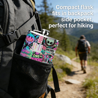 Y2K retro collage with alien and smiley Stainless Steel Mini Flask - Design for Valentine's Day, Christmas, Father's Day Gifts - Ideal for Him, Dad, Boyfriend (Compact Travel-Ready)