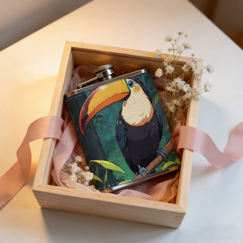 Toucan perched on branch in jungle Stainless Steel Mini Flask - Design for Valentine's Day, Christmas, Father's Day Gifts - Ideal for Him, Dad, Boyfriend (Compact Travel-Ready)