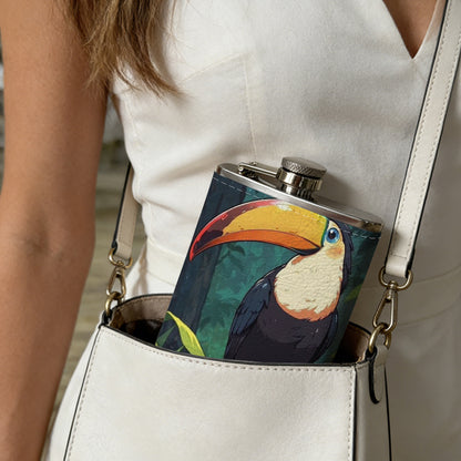 Toucan perched on branch in jungle Stainless Steel Mini Flask - Design for Valentine's Day, Christmas, Father's Day Gifts - Ideal for Him, Dad, Boyfriend (Compact Travel-Ready)