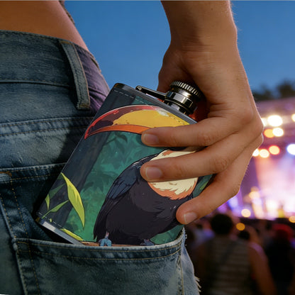 Toucan perched on branch in jungle Stainless Steel Mini Flask - Design for Valentine's Day, Christmas, Father's Day Gifts - Ideal for Him, Dad, Boyfriend (Compact Travel-Ready)