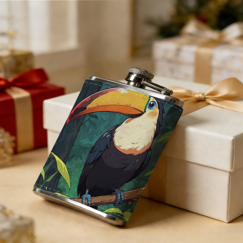 Toucan perched on branch in jungle Stainless Steel Mini Flask - Design for Valentine's Day, Christmas, Father's Day Gifts - Ideal for Him, Dad, Boyfriend (Compact Travel-Ready)