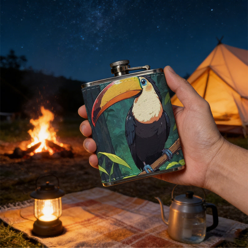 Toucan perched on branch in jungle Stainless Steel Mini Flask - Design for Valentine's Day, Christmas, Father's Day Gifts - Ideal for Him, Dad, Boyfriend (Compact Travel-Ready)