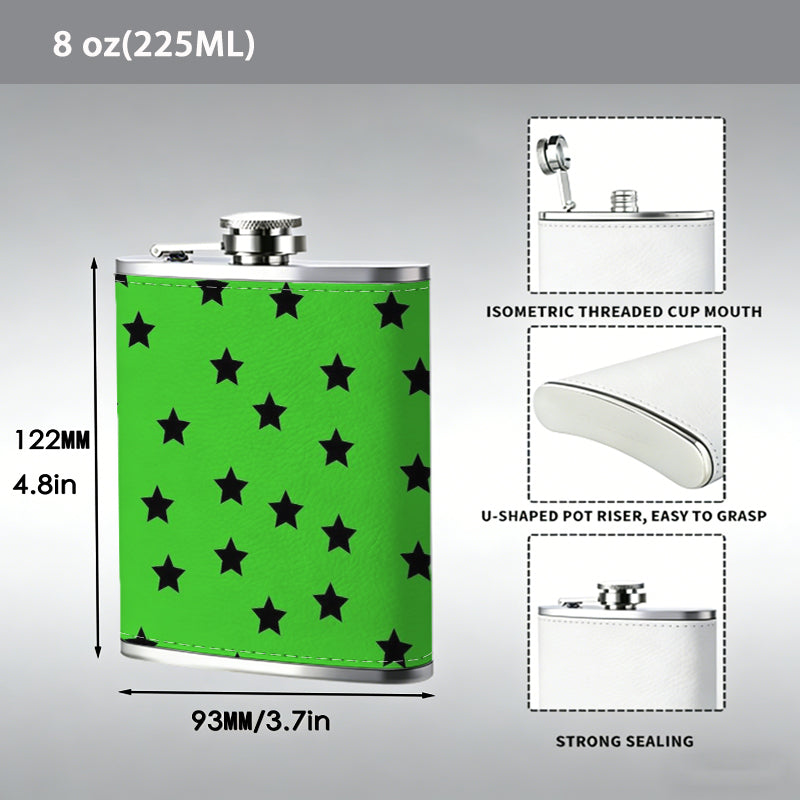 Green background with black star patterns Stainless Steel Mini Flask - Design for Valentine's Day, Christmas, Father's Day Gifts - Ideal for Him, Dad, Boyfriend (Compact Travel-Ready)
