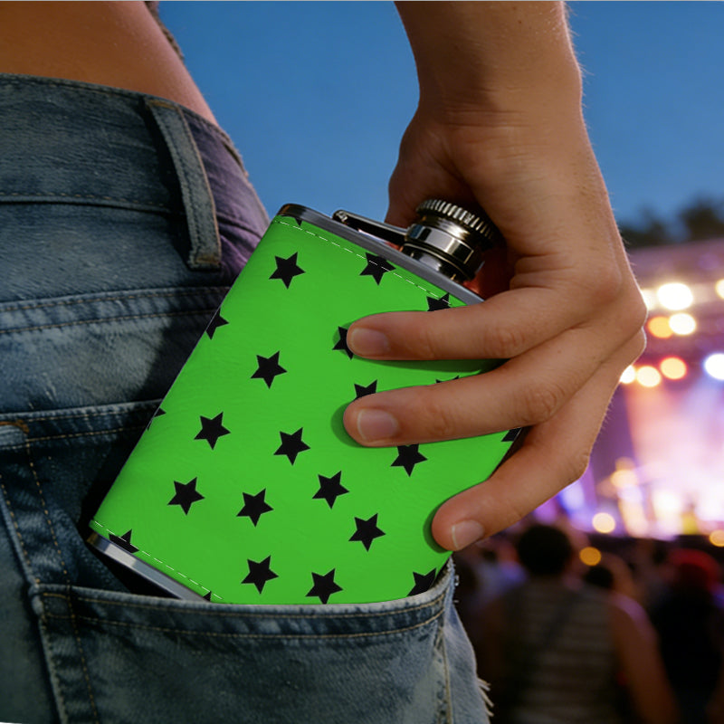 Green background with black star patterns Stainless Steel Mini Flask - Design for Valentine's Day, Christmas, Father's Day Gifts - Ideal for Him, Dad, Boyfriend (Compact Travel-Ready)