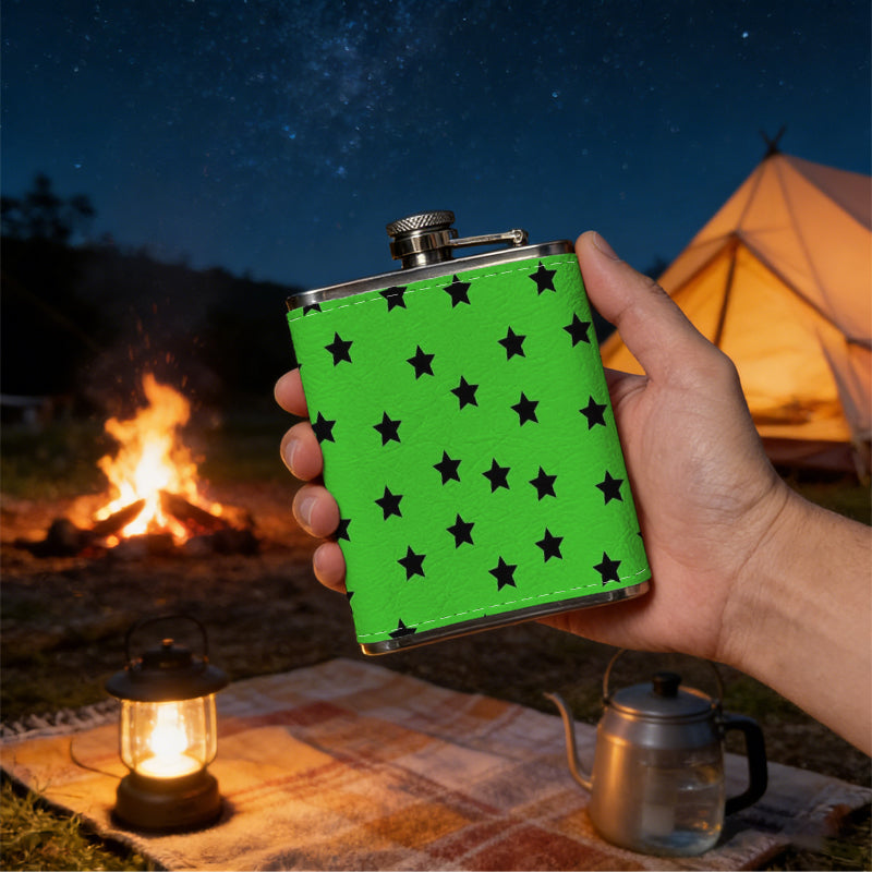 Green background with black star patterns Stainless Steel Mini Flask - Design for Valentine's Day, Christmas, Father's Day Gifts - Ideal for Him, Dad, Boyfriend (Compact Travel-Ready)