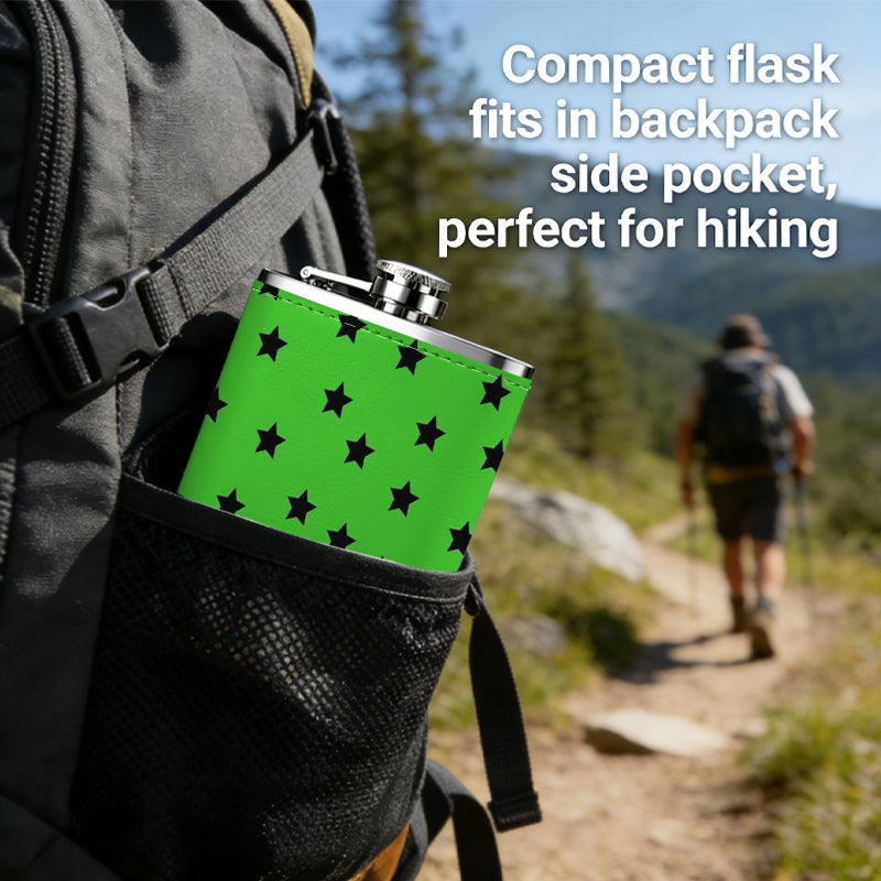 Green background with black star patterns Stainless Steel Mini Flask - Design for Valentine's Day, Christmas, Father's Day Gifts - Ideal for Him, Dad, Boyfriend (Compact Travel-Ready)