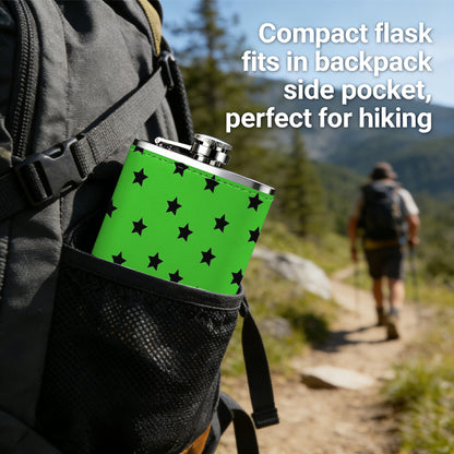 Green background with black star patterns Stainless Steel Mini Flask - Design for Valentine's Day, Christmas, Father's Day Gifts - Ideal for Him, Dad, Boyfriend (Compact Travel-Ready)