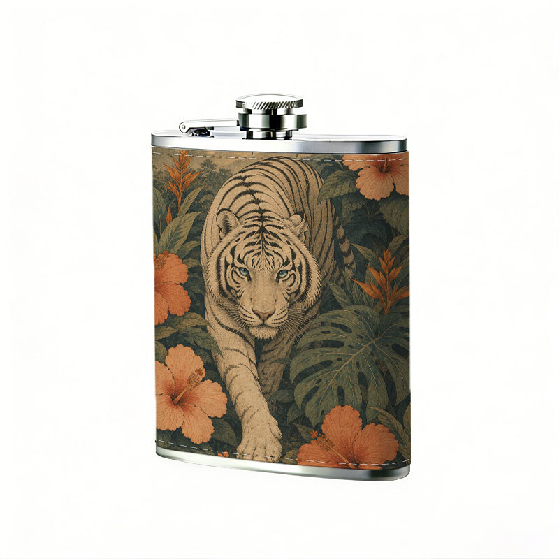 Tiger among tropical flowers and foliage Stainless Steel Mini Flask - Design for Valentine's Day, Christmas, Father's Day Gifts - Ideal for Him, Dad, Boyfriend (Compact Travel-Ready)