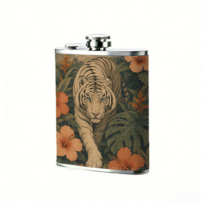 Tiger among tropical flowers and foliage Stainless Steel Mini Flask - Design for Valentine's Day, Christmas, Father's Day Gifts - Ideal for Him, Dad, Boyfriend (Compact Travel-Ready)