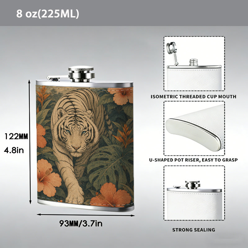 Tiger among tropical flowers and foliage Stainless Steel Mini Flask - Design for Valentine's Day, Christmas, Father's Day Gifts - Ideal for Him, Dad, Boyfriend (Compact Travel-Ready)