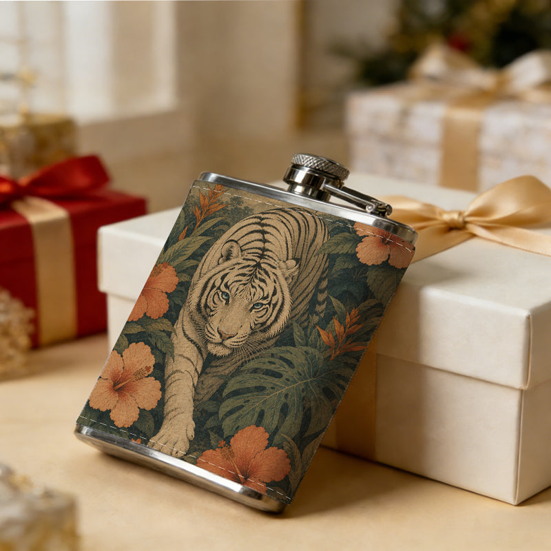Tiger among tropical flowers and foliage Stainless Steel Mini Flask - Design for Valentine's Day, Christmas, Father's Day Gifts - Ideal for Him, Dad, Boyfriend (Compact Travel-Ready)