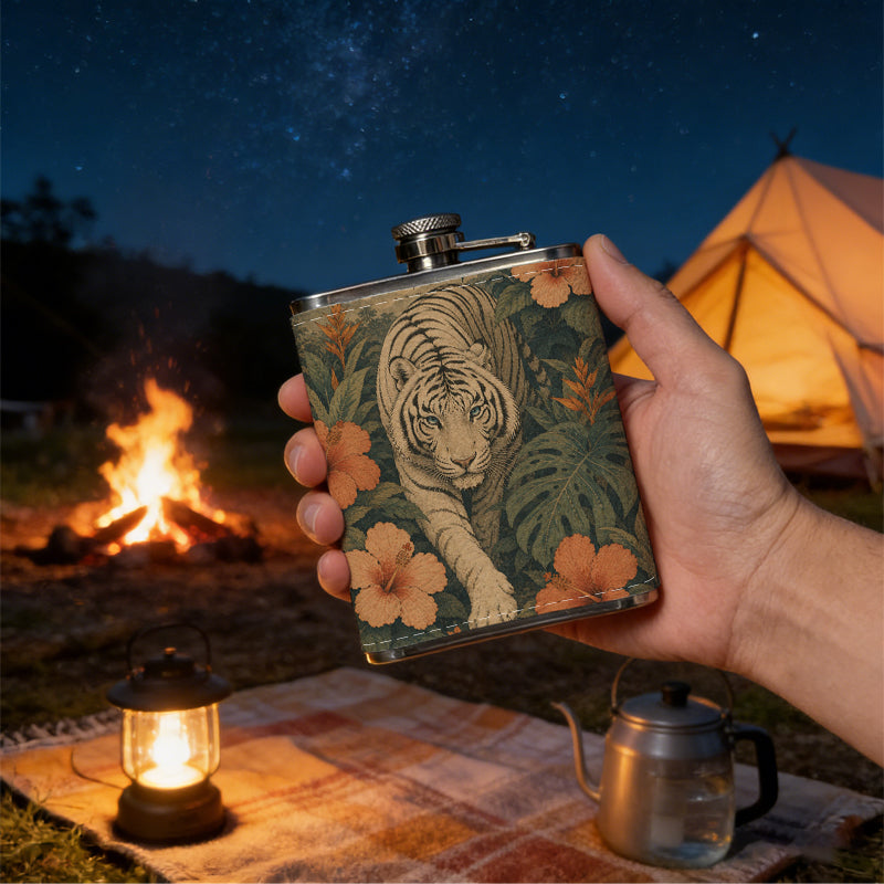 Tiger among tropical flowers and foliage Stainless Steel Mini Flask - Design for Valentine's Day, Christmas, Father's Day Gifts - Ideal for Him, Dad, Boyfriend (Compact Travel-Ready)