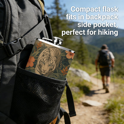Tiger among tropical flowers and foliage Stainless Steel Mini Flask - Design for Valentine's Day, Christmas, Father's Day Gifts - Ideal for Him, Dad, Boyfriend (Compact Travel-Ready)