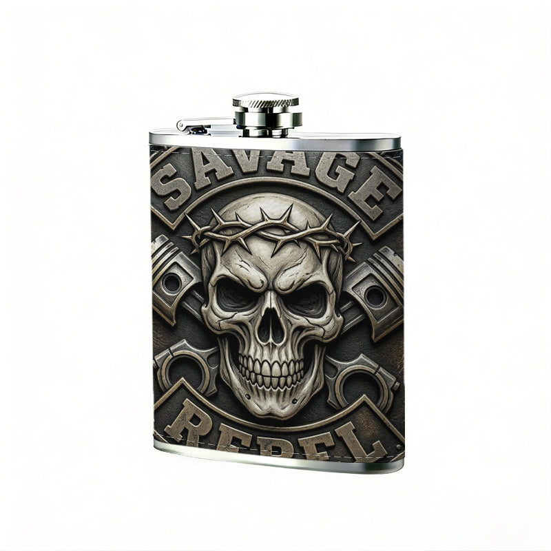 SAVAGE REBEL skull pistons barbed wire badge Stainless Steel Mini Flask - Design for Valentine's Day, Christmas, Father's Day Gifts - Ideal for Him, Dad, Boyfriend (Compact Travel-Ready)