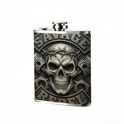 SAVAGE REBEL skull pistons barbed wire badge Stainless Steel Mini Flask - Design for Valentine's Day, Christmas, Father's Day Gifts - Ideal for Him, Dad, Boyfriend (Compact Travel-Ready)