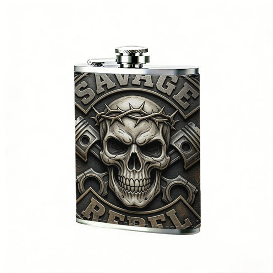 SAVAGE REBEL skull pistons barbed wire badge Stainless Steel Mini Flask - Design for Valentine's Day, Christmas, Father's Day Gifts - Ideal for Him, Dad, Boyfriend (Compact Travel-Ready)