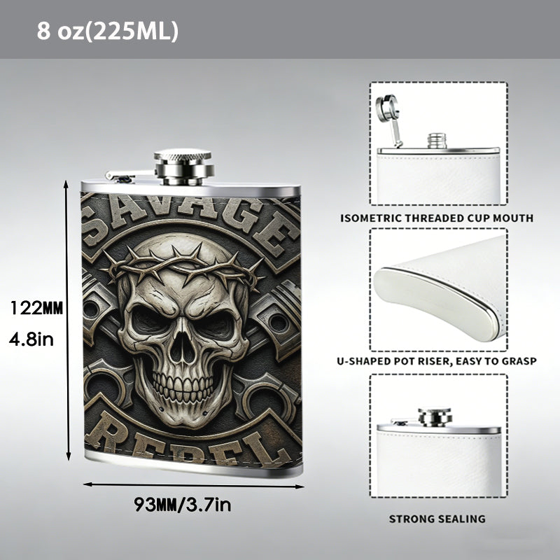 SAVAGE REBEL skull pistons barbed wire badge Stainless Steel Mini Flask - Design for Valentine's Day, Christmas, Father's Day Gifts - Ideal for Him, Dad, Boyfriend (Compact Travel-Ready)