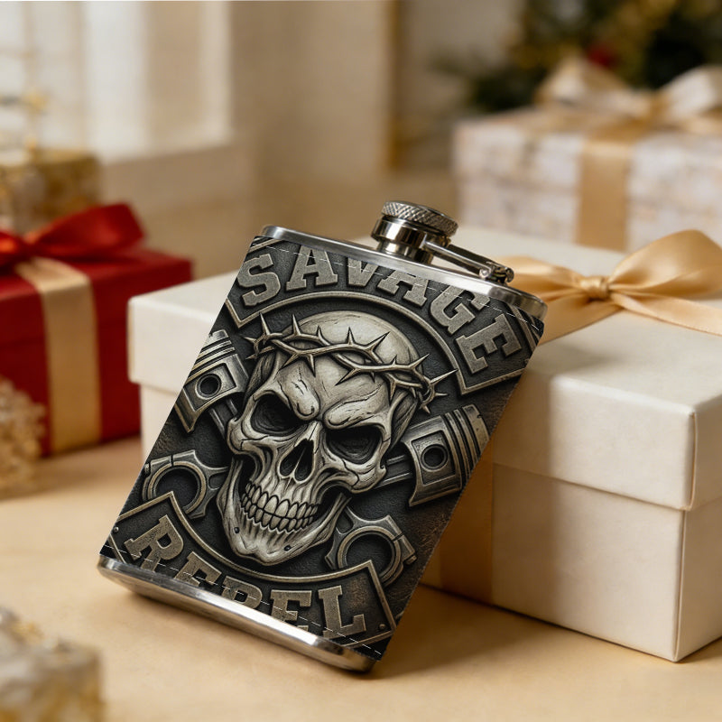 SAVAGE REBEL skull pistons barbed wire badge Stainless Steel Mini Flask - Design for Valentine's Day, Christmas, Father's Day Gifts - Ideal for Him, Dad, Boyfriend (Compact Travel-Ready)