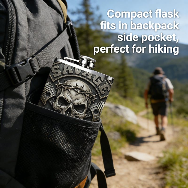 SAVAGE REBEL skull pistons barbed wire badge Stainless Steel Mini Flask - Design for Valentine's Day, Christmas, Father's Day Gifts - Ideal for Him, Dad, Boyfriend (Compact Travel-Ready)