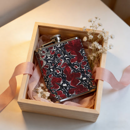 Red background with a skeleton figure Stainless Steel Mini Flask - Design for Valentine's Day, Christmas, Father's Day Gifts - Ideal for Him, Dad, Boyfriend (Compact Travel-Ready)
