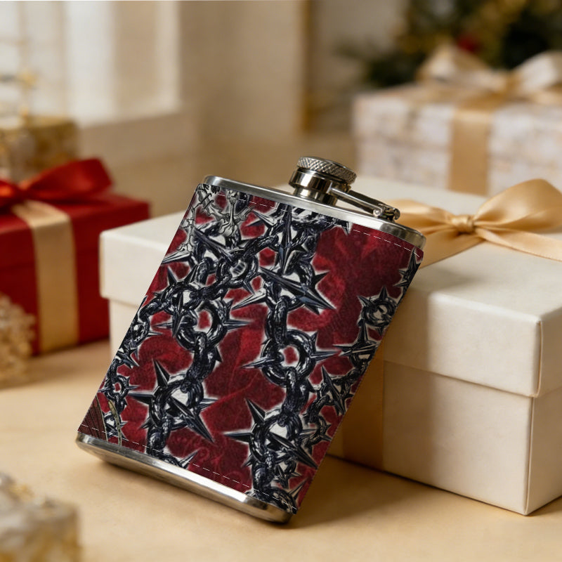 Red background with a skeleton figure Stainless Steel Mini Flask - Design for Valentine's Day, Christmas, Father's Day Gifts - Ideal for Him, Dad, Boyfriend (Compact Travel-Ready)
