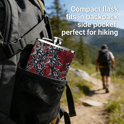 Red background with a skeleton figure Stainless Steel Mini Flask - Design for Valentine's Day, Christmas, Father's Day Gifts - Ideal for Him, Dad, Boyfriend (Compact Travel-Ready)