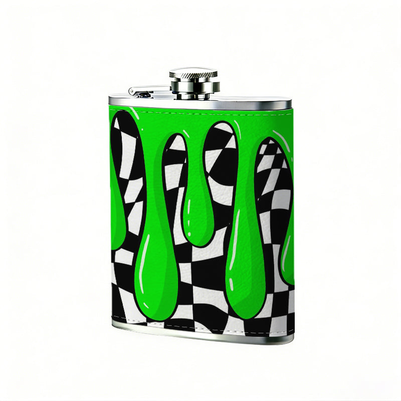 Green slime on checkered background Stainless Steel Mini Flask - Design for Valentine's Day, Christmas, Father's Day Gifts - Ideal for Him, Dad, Boyfriend (Compact Travel-Ready)