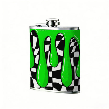 Green slime on checkered background Stainless Steel Mini Flask - Design for Valentine's Day, Christmas, Father's Day Gifts - Ideal for Him, Dad, Boyfriend (Compact Travel-Ready)